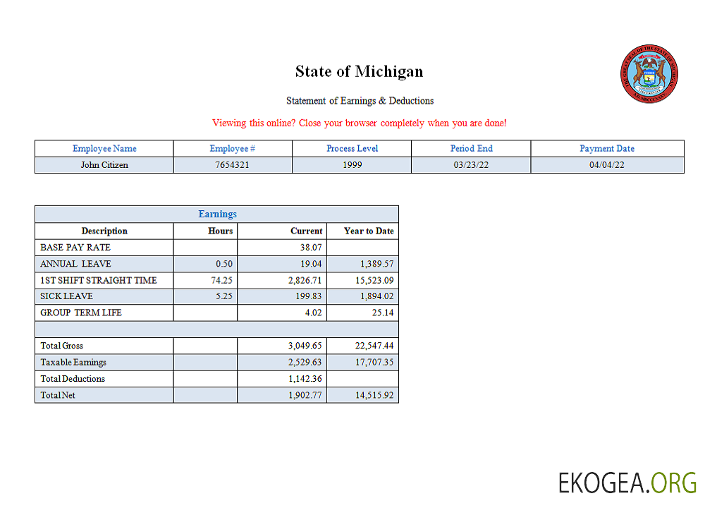 Fiche de paie d'une entreprise de services sociaux de l'État du Michigan aux États Unis